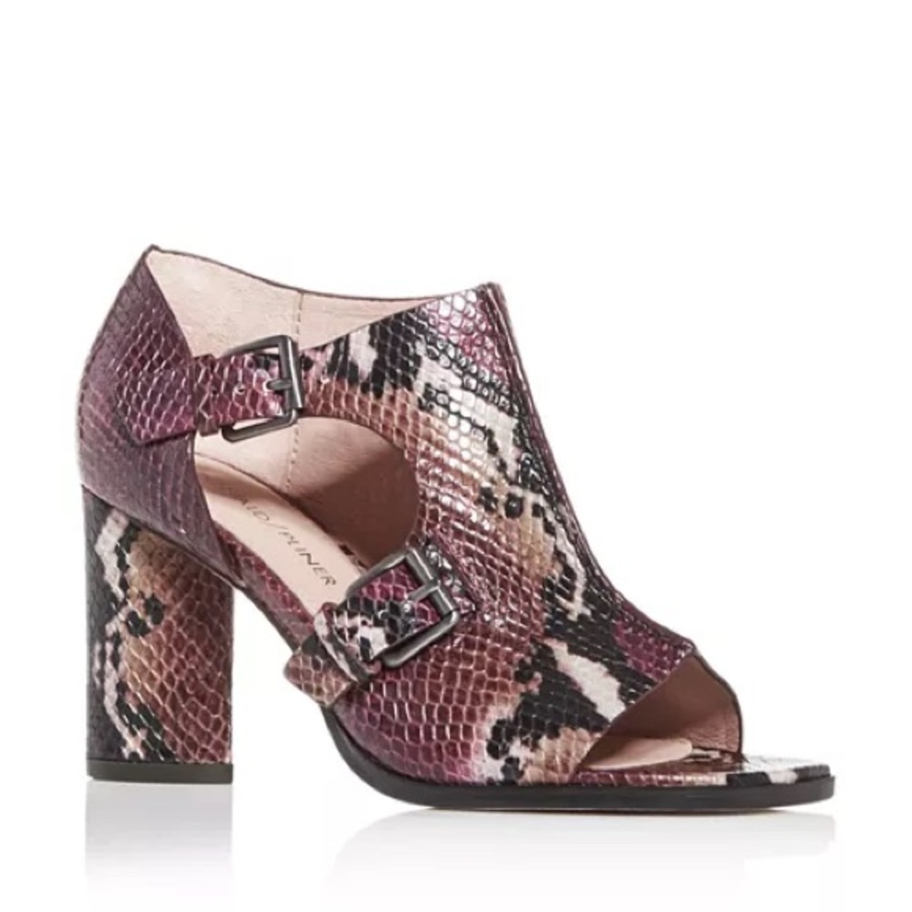 Donald J Pliner Fouu plum purple snakeskin peep toe buckle block heels 6.5